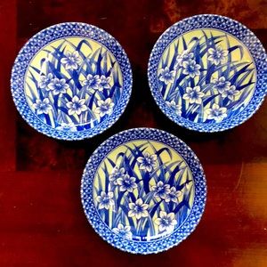 🌺 3 Gorgeous Chinese VINTAGE Classic Blue Floral Ceramic Soup Bowls China 🎄